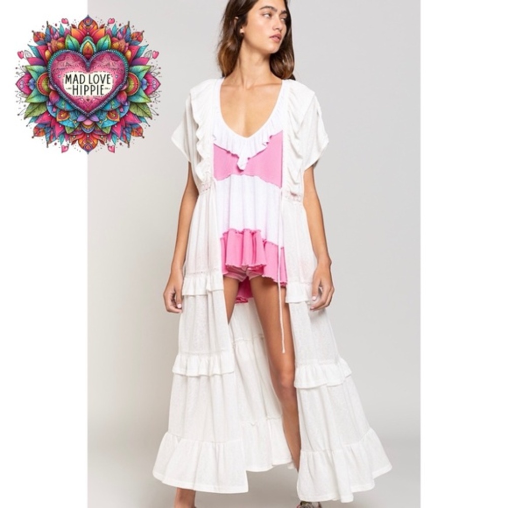 POL Ivory Ruffled Lace Patchwork Tiered Maxi Cardigan - Picture 2 of 8